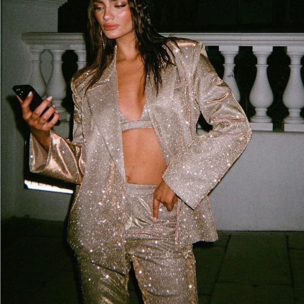Sparkle Light Silver/Gray Oversized Double-Breasted Blazer
